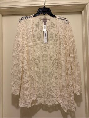 Chico's Cream Crochet Lace Open Front Cardigan
